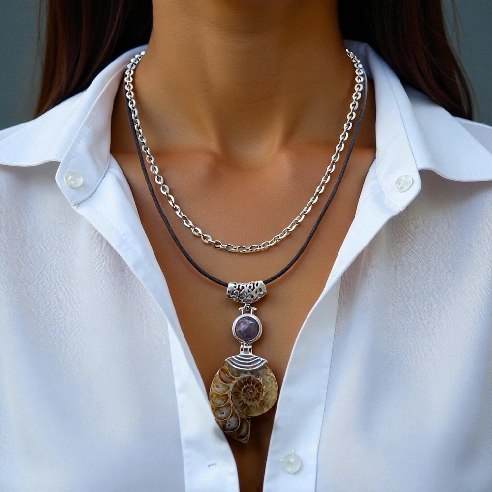 Artisan Ammonite and Amethyst Two Layer Pendant Necklace